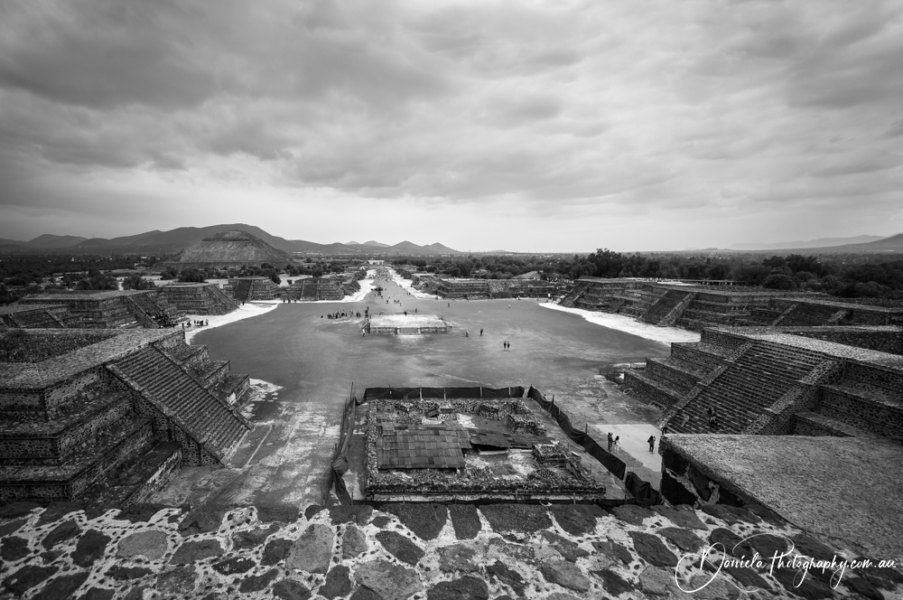 Teotihuacán view in BW Avenue of the Dead ancient ruins and vast archeological site, Mexico